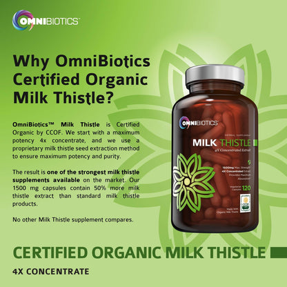 OmniBiotics Organic Milk Thistle 1500mg | 4X Concentrated Extract | 120 Vegan Capsules