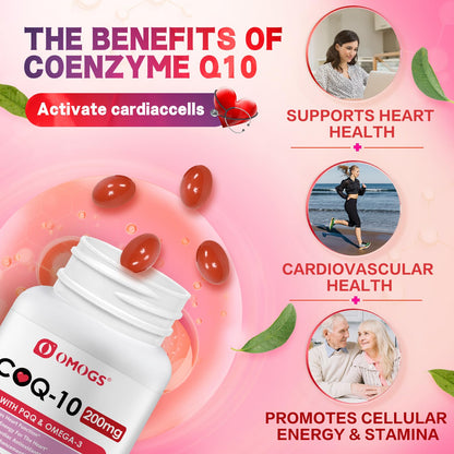 OMOGS CoQ10 200mg Softgels – High-Absorption CoQ10 for Heart Health, Immunity & Energy (Gluten Free, 90 Softgels)