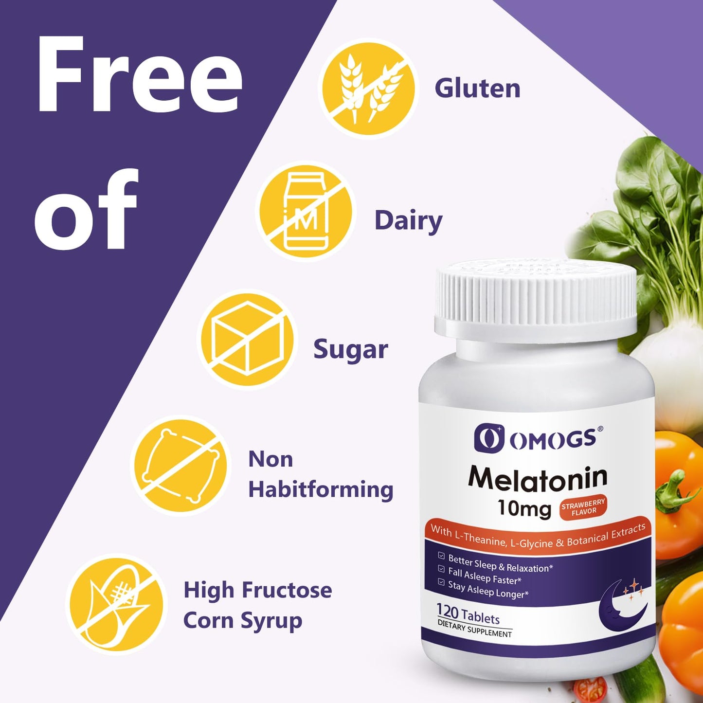 OMOGS Melatonin Sleep Supplements - Fast-Dissolve 10mg with L-Theanine, L-Glycine & Vitamin B, Strawberry Flavor, 120-Day Supply