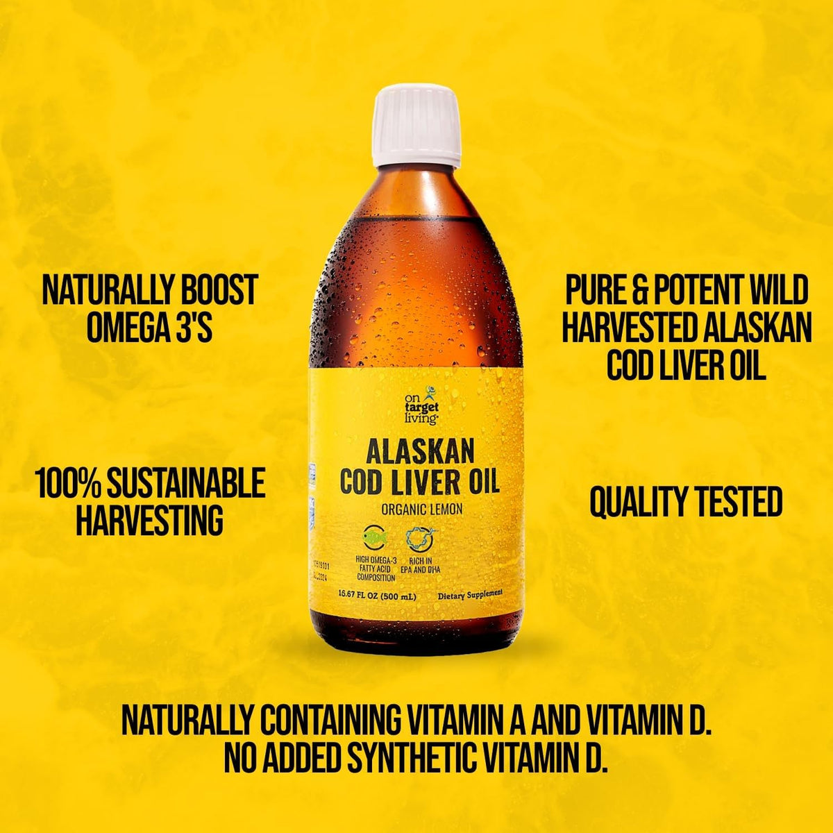 On Target Living Alaskan Cod Liver Oil Organic Lemon Flavor – 2 Pack (16.67 oz) | Line Caught in USA • Vitamin D & Omega-3 DHA/EPA • Non-GMO • MSC Certified