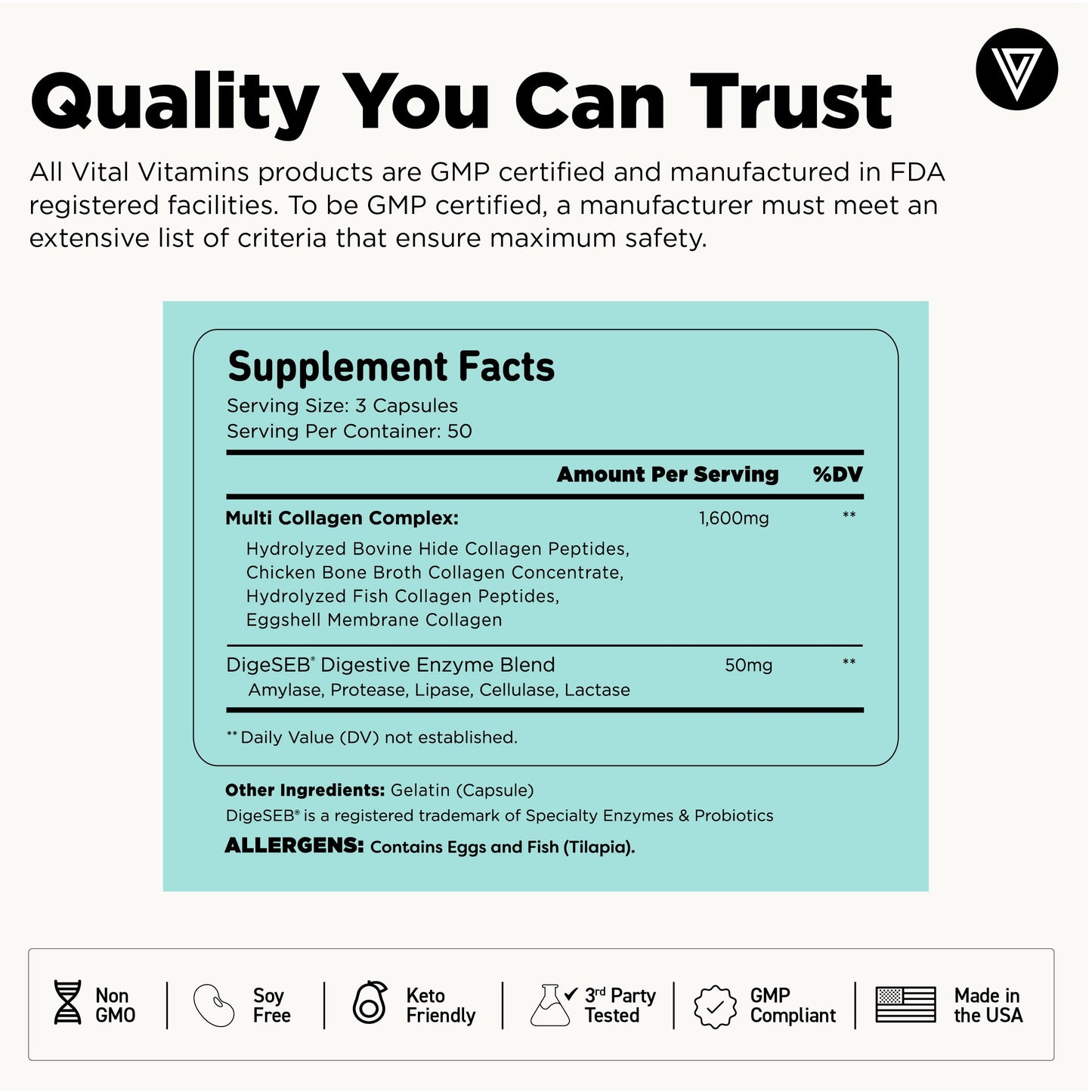 Vital Vitamins Multi Collagen - 5 Types I-V-X - Grass-Fed, 150 Capsules