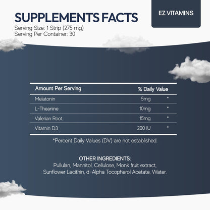 Dissolvable Oral Sleep Strips – 5mg Melatonin, Valerian, L-Theanine, Vitamin D3 | Mint 30ct