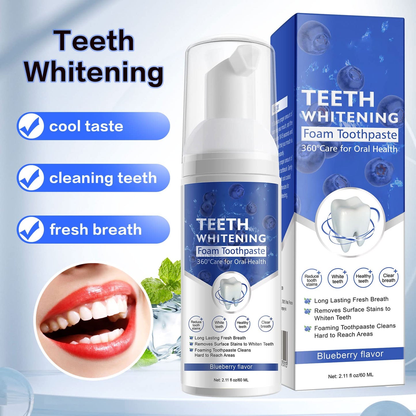 2PCS Foam Toothpaste – Whitening Baking Soda, Blueberry & Mint