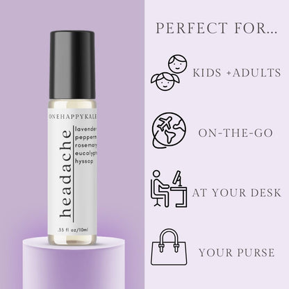 Onehappykale Headache Relief Essential Oil Roll-On 10ml – Fast-Acting Natural Blend (Peppermint, Lavender, Rosemary, Eucalyptus & Hyssop) – Cruelty-Free, Made in USA