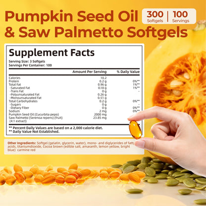 Oneoo Pumpkin Seed Oil 2000mg with Saw Palmetto – 300 Softgels for Hair, Prostate & Urinary Health (Cold-Pressed, Non-GMO)