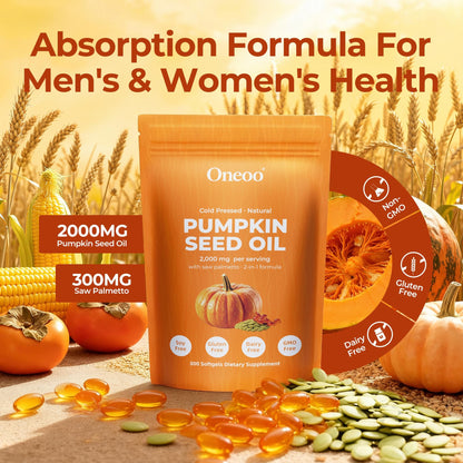 Oneoo Pumpkin Seed Oil 2000mg with Saw Palmetto – 300 Softgels for Hair, Prostate & Urinary Health (Cold-Pressed, Non-GMO)