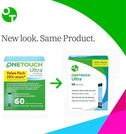 OneTouch Ultra Test Strips — 120 Count (2 Boxes, 60 Strips Each) for Blood Glucose Monitoring