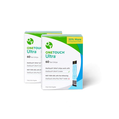 OneTouch Ultra Test Strips — 120 Count (2 Boxes, 60 Strips Each) for Blood Glucose Monitoring