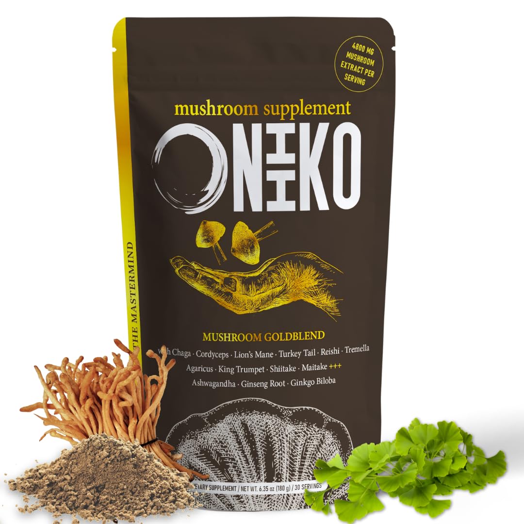 Oniiko 10 Mushroom Powder with Ginkgo, Ginseng & Ashwagha nd a – Performance, Memory & Immunity, 4800 mg per Serving, 30 Servings