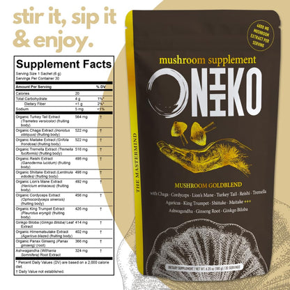 Oniiko 10 Mushroom Powder with Ginkgo, Ginseng & Ashwagha nd a – Performance, Memory & Immunity, 4800 mg per Serving, 30 Servings