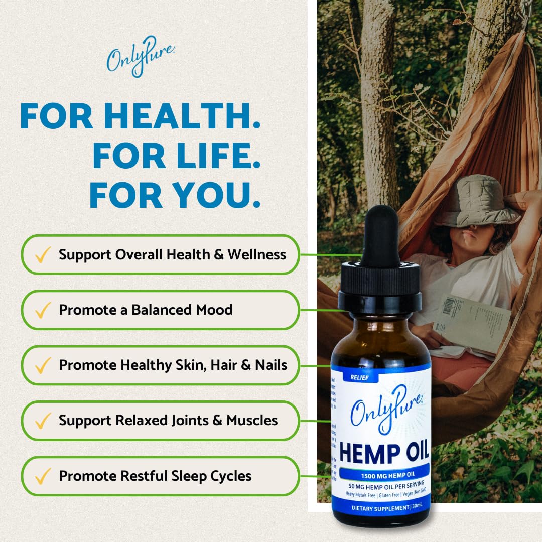 OnlyPure Relief Hemp Oil Drops – 1500 mg, 30 mL | Wellness, Sleep & Relaxation | All-Natural, MCT Oil, Non-GMO, Vegan