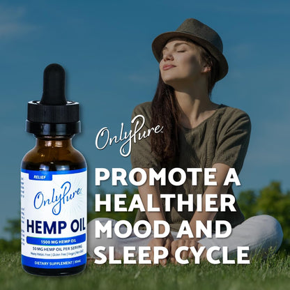 OnlyPure Relief Hemp Oil Drops – 1500 mg, 30 mL | Wellness, Sleep & Relaxation | All-Natural, MCT Oil, Non-GMO, Vegan