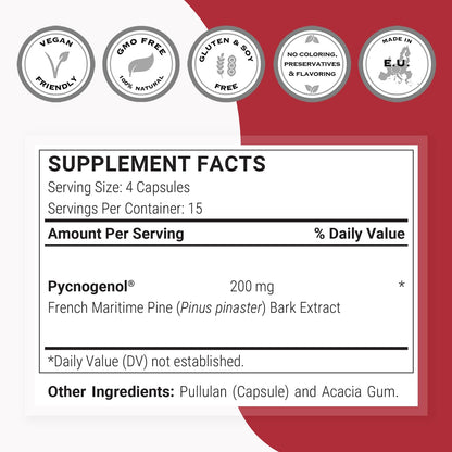 Supersmart Pycnogenol 200mg/day – French Pine Bark Extract, 60 Vegetarian Capsules | Patented & Highly Bioavailable | Non-GMO & Gluten Free