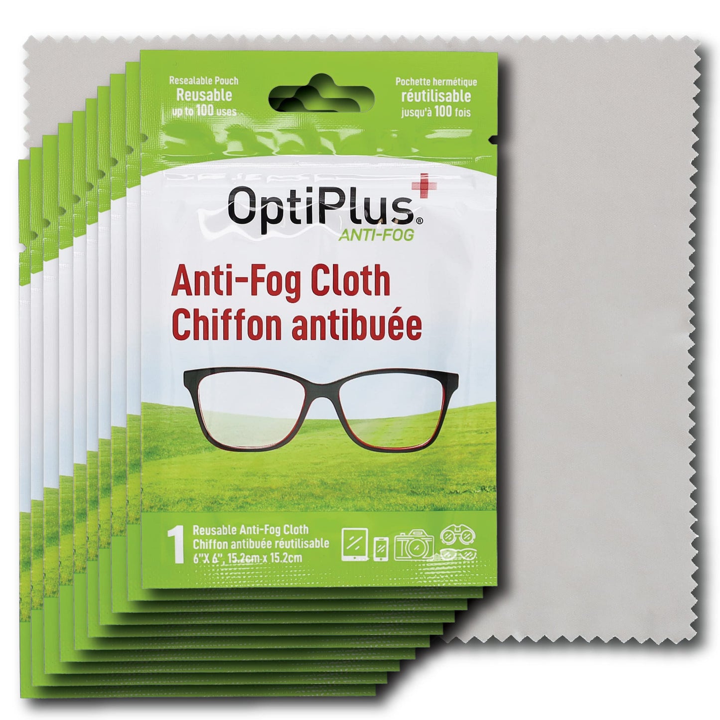 OptiPlus Anti Fog Cloth for Eyeglasses, Goggles, and Shields | Premium Reusable Anti-Fog Treatment | 10 Cloths 1000 uses | Anti-Fog for All Lenses - 10 Pack