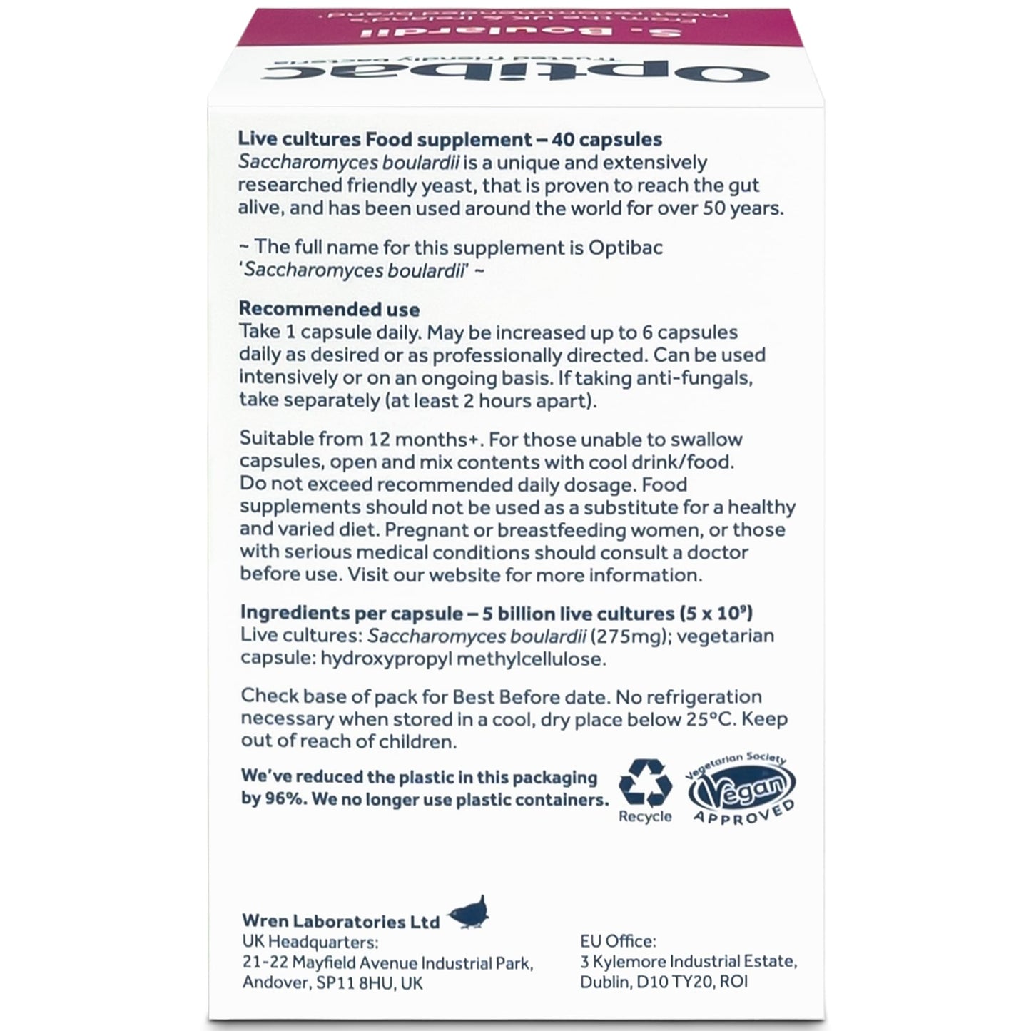 Optibac Probiotics Saccharomyces boulardii – Vegan, 5 Billion CFU, 40 Capsules