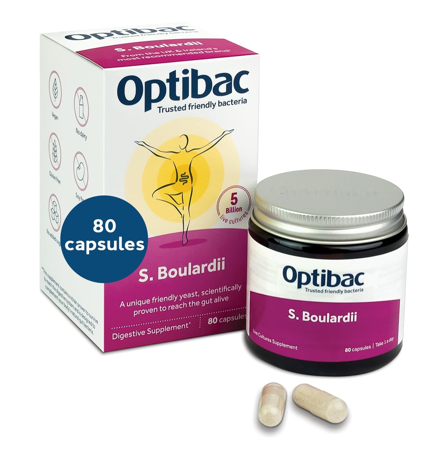 OptiBac Saccharomyces boulardii | 5 Billion Live Cultures | Vegan & Gluten Free | 80 Capsules