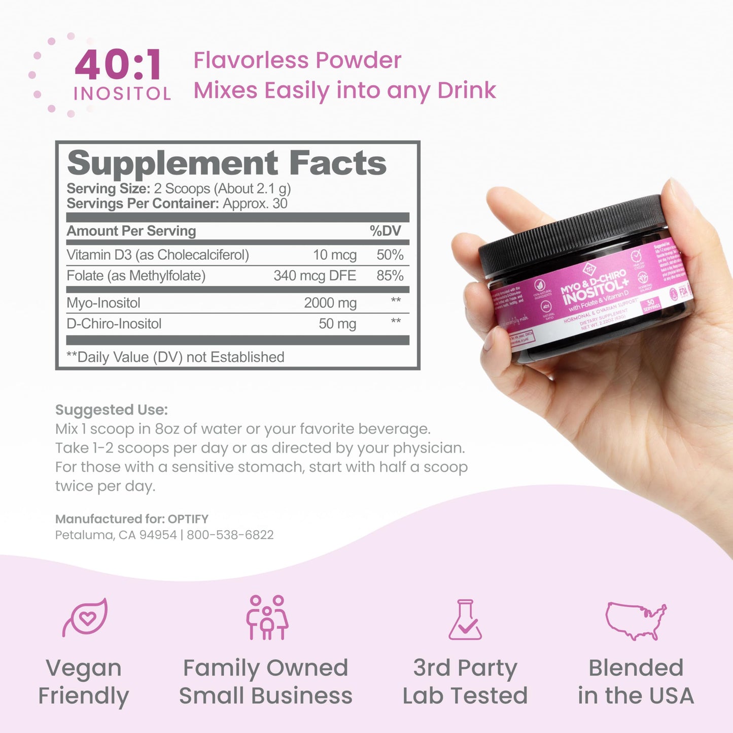 Optify Myo-Inositol & D-Chiro Inositol Supplement Powder for Women – 40:1 Ratio + Folate & Vitamin D – 30-Day Supply
