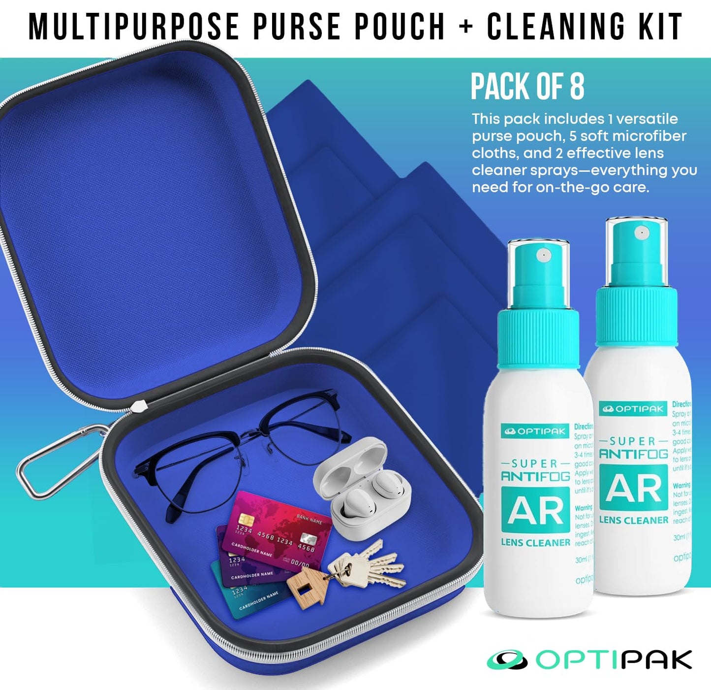 OPTIPAK Anti Fog Lens Cleaner Spray Kit | 2x 1oz Bottles, Pouch & 5 Microfiber Cloths – 8 Piece Set