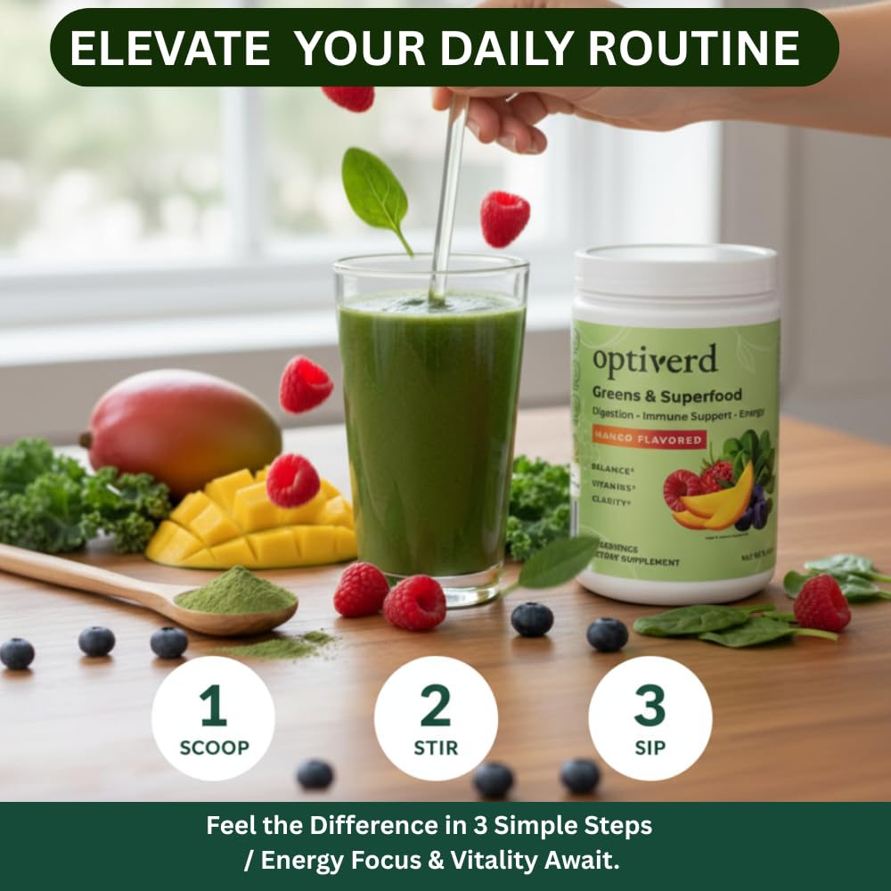 OptiVerd Greens Superfood Powder with Probiotics & Enzymes – Mango, 30 Servings | Organic, Vegan, Gluten-Free