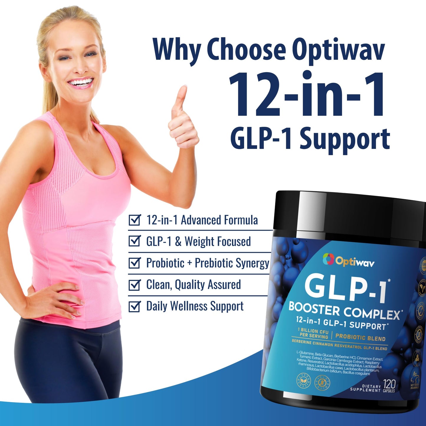 Optiwav GLP-1 Probiotic Weight Loss Supplement - Natural GLP-1 Booster for Appetite Control, Metabolism & Gut Health
