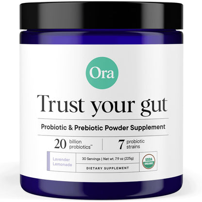 Ora Organic Prebiotic & Probiotic Powder – 20B CFU, 7 Strains, Lavender Lemonade, 30 Servings
