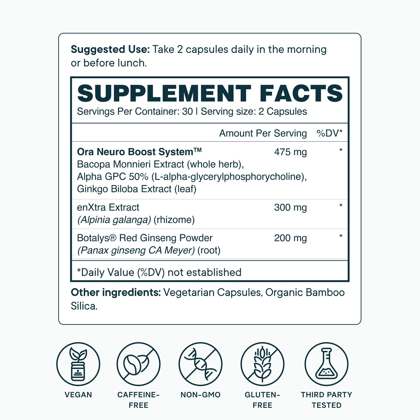 Ora Organic Brain Health Supplement for Focus, Mental Energy & Memory - Panax Red Ginseng, Bacopa Monnieri, Alpha GPC & EnXtra - 60 Capsules