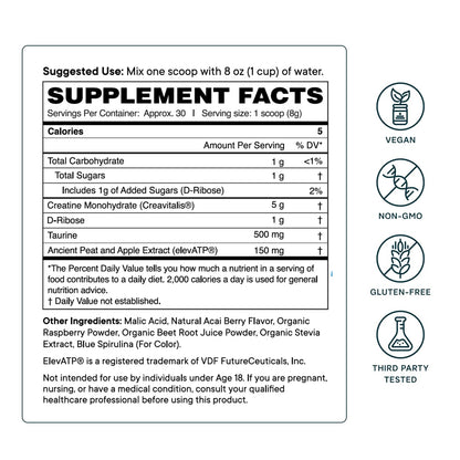 Ora Organic Creatine Monohydrate Powder – Acai Berry, 30 Servings | German-Sourced Creavitalis, elevATP, D-Ribose & Taurine