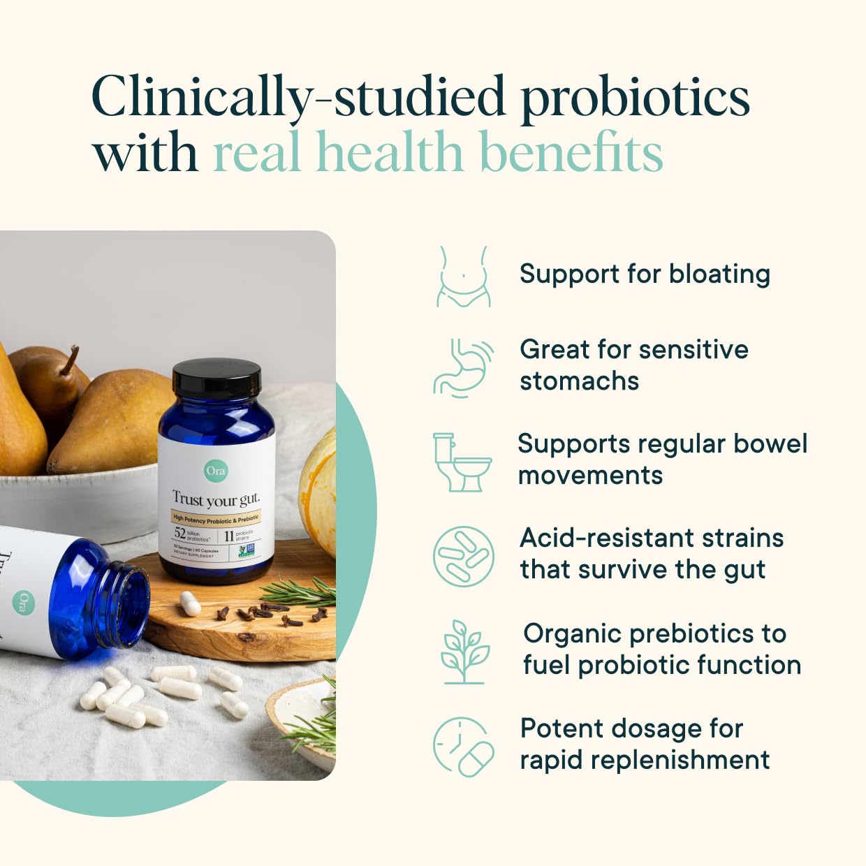 Ora Organic Probiotics with Prebiotics — 52 Billion CFU, 11 Strains, Gluten Free, 60 Capsules