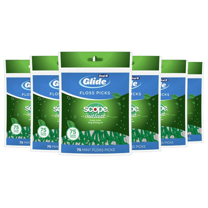 Oral-B Glide Floss Picks with Scope Outlast Mint – 75 Count (Pack of 6)