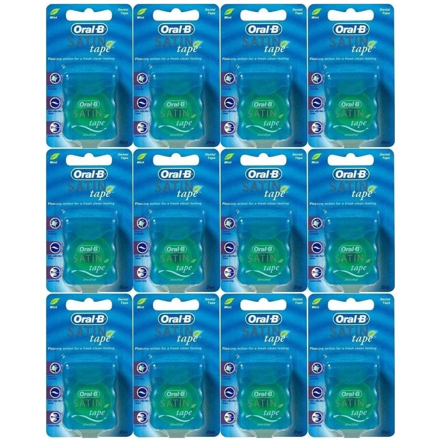 Oral-B Satin Tape Dental Floss 25m (12 Pack) Mint – 2-Layer Ribbon Floss