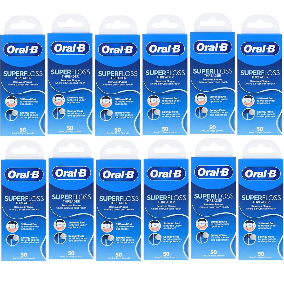 Oral-B Super Floss Pre-Cut Mint Strands, Threaders 50 Count per Pack, Pack of 12