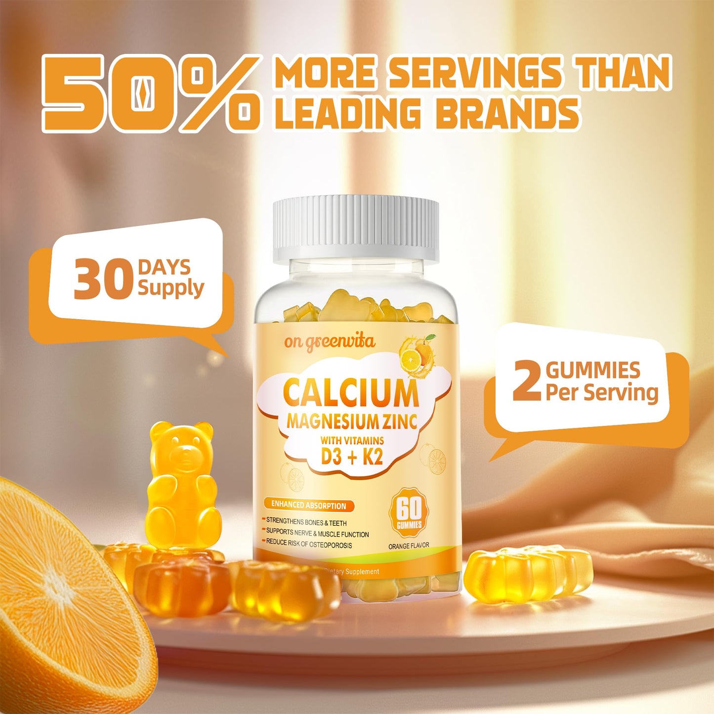 Calcium Magnesium Zinc Gummies with Vitamin D3 & K2 - High Potency, Enhanced Absorption - 120 Orange Gummies