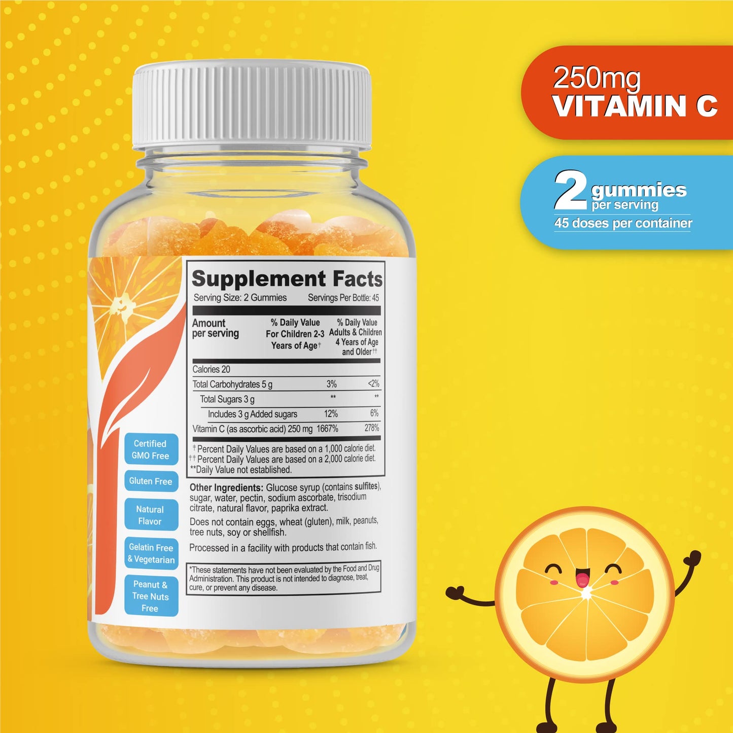 Doctors Finest Vitamin C Gummies for Kids – Vegan, GMO Free & Gluten Free | 250 mg Vitamin C per Serving | 90 Jellies (45 Doses)