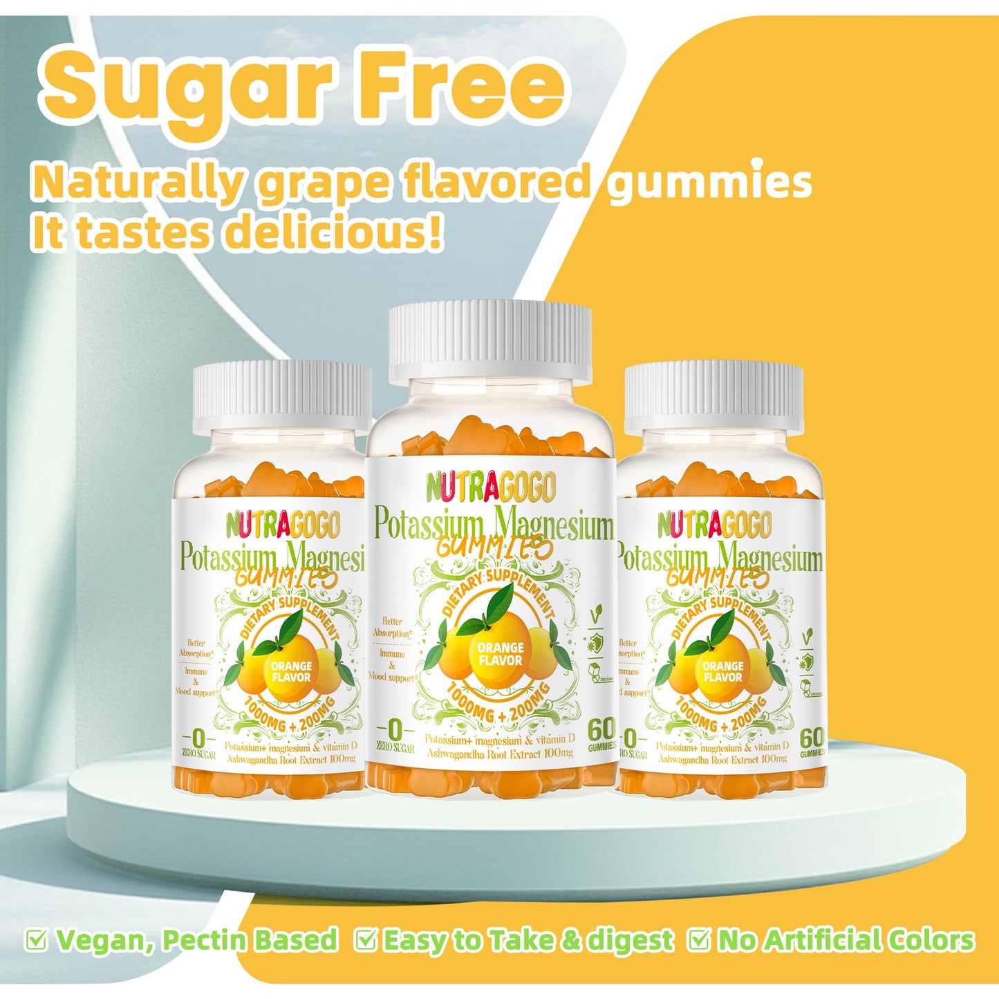 Potassium Magnesium Gummies with Ashwagandha – Sugar-Free, 120 Gummies | Magnesium Glycinate, D3, B6