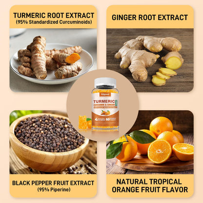 Turmeric Curcumin Gummies with Ginger & Black Pepper – Immune & Joint Support | 60 Orange Gummies