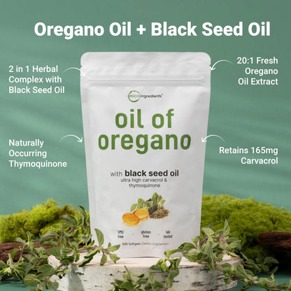 Oil of Oregano Softgels 300 Count – 2-in-1 Black Seed Oil (4X Carvacrol)