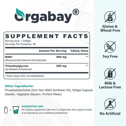 Orgabay Liposomal NAD+ Supplement 500 mg + 250 mg TMG – High Absorption NAD+ | 480 Softgels