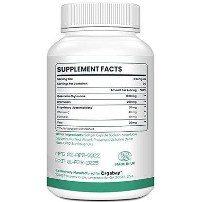 Orgabay Liposomal Quercetin Phytosome 1600 mg - Bromelain 200 mg, Zinc 30 mg, Vitamin C, Turmeric 40 mg | 60 Softgels | Highest Absorption Quercetin Complex