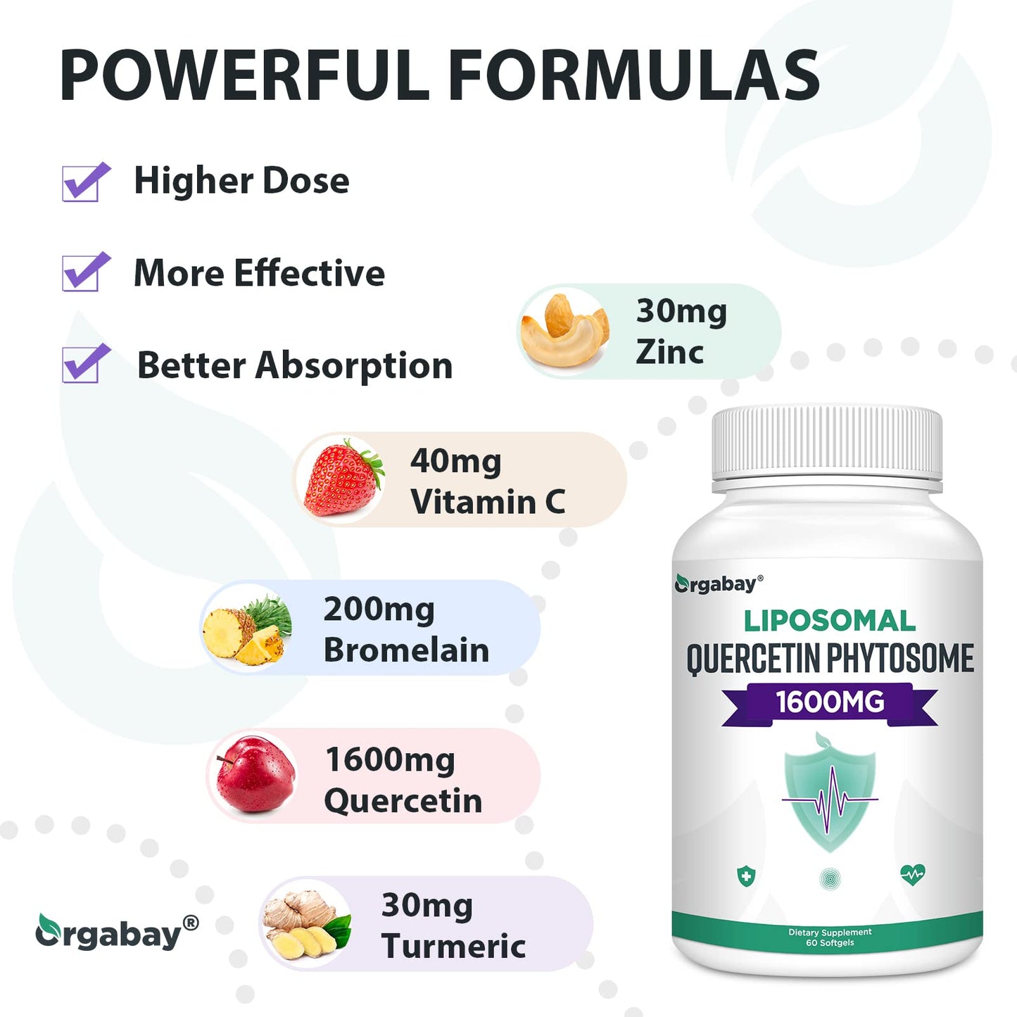 Orgabay Liposomal Quercetin Phytosome 1600 mg – 360 Softgels | Bromelain 200 mg, Zinc 30 mg, Vitamin C, Turmeric
