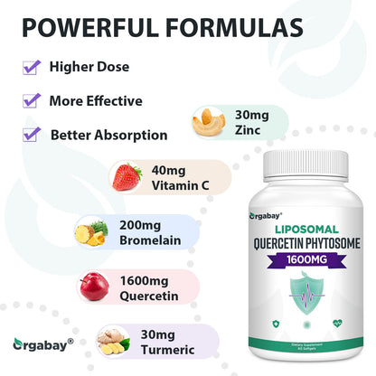 Orgabay Liposomal Quercetin Phytosome 1600 mg – 360 Softgels | Bromelain 200 mg, Zinc 30 mg, Vitamin C, Turmeric
