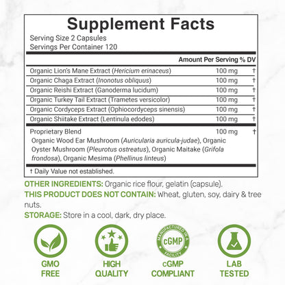 Organic 10-in-1 Mushroom Supplement – 240 Capsules – Immune & Nootropic Support (Non-GMO)
