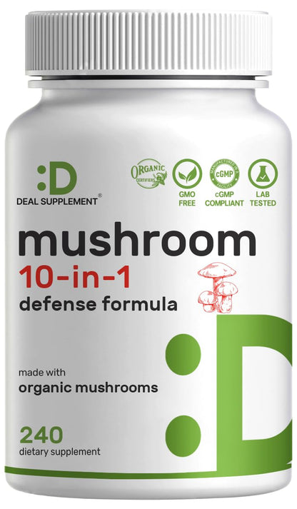 Organic 10-in-1 Mushroom Supplement – 240 Capsules – Immune & Nootropic Support (Non-GMO)