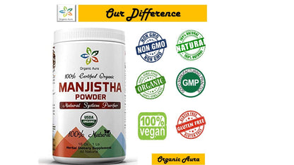 Organic Aura Premium Pure Manjistha Powder – 16 oz (1 lb), USDA Certified Organic, 100% All Natural, Gluten Free