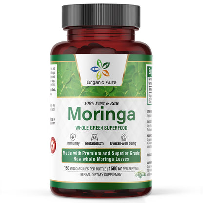 Organic Aura Moringa Leaf Capsules - 1500mg, 150 Veg Capsules, Non-GMO