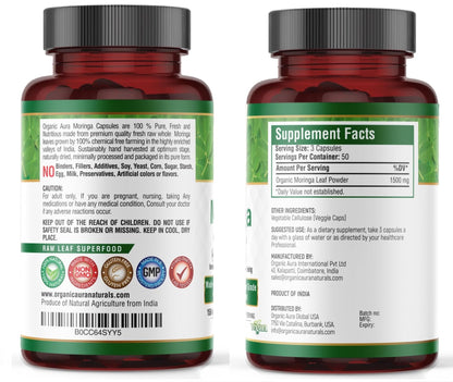 Organic Aura Moringa Leaf Capsules - 1500mg, 150 Veg Capsules, Non-GMO