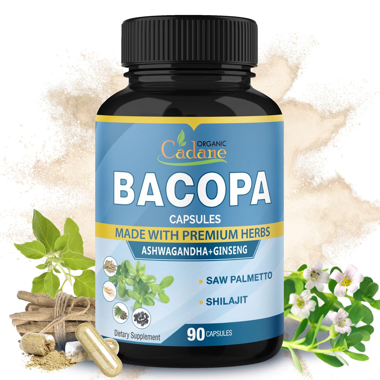 Organic Bacopa Monnieri Supplement with Ashwagandha, Ginseng, Saw Palmetto & Shilajit - 90 Capsules (3-Month Supply)