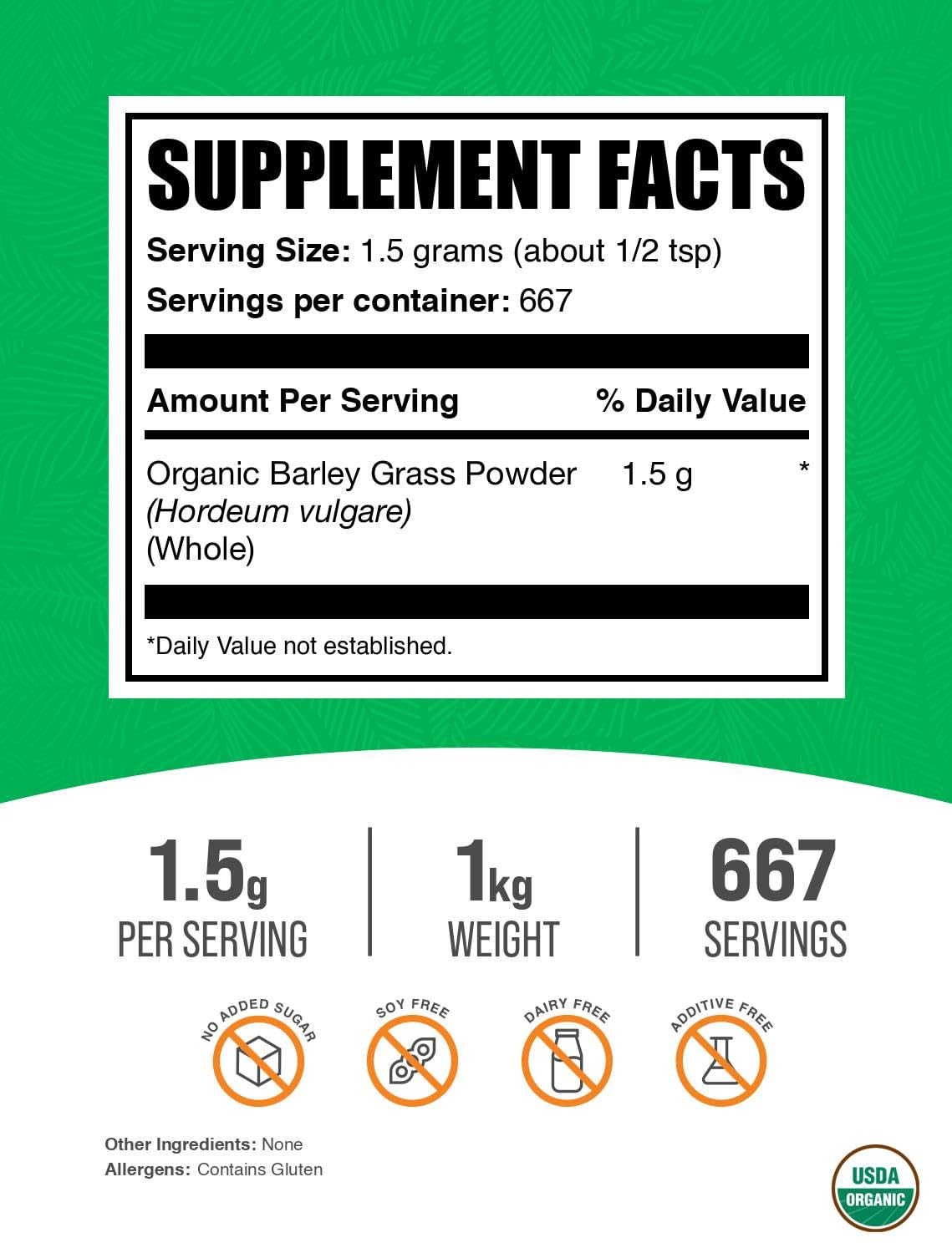 BulkSupplements Organic Barley Grass Powder – Green Superfood, 1kg, 1.5g Serving – Vegan