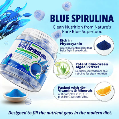 Organic Blue Spirulina Gummies – High Phycocyanin, Chlorella & CoQ10 (60 Ct) – Sugar Free