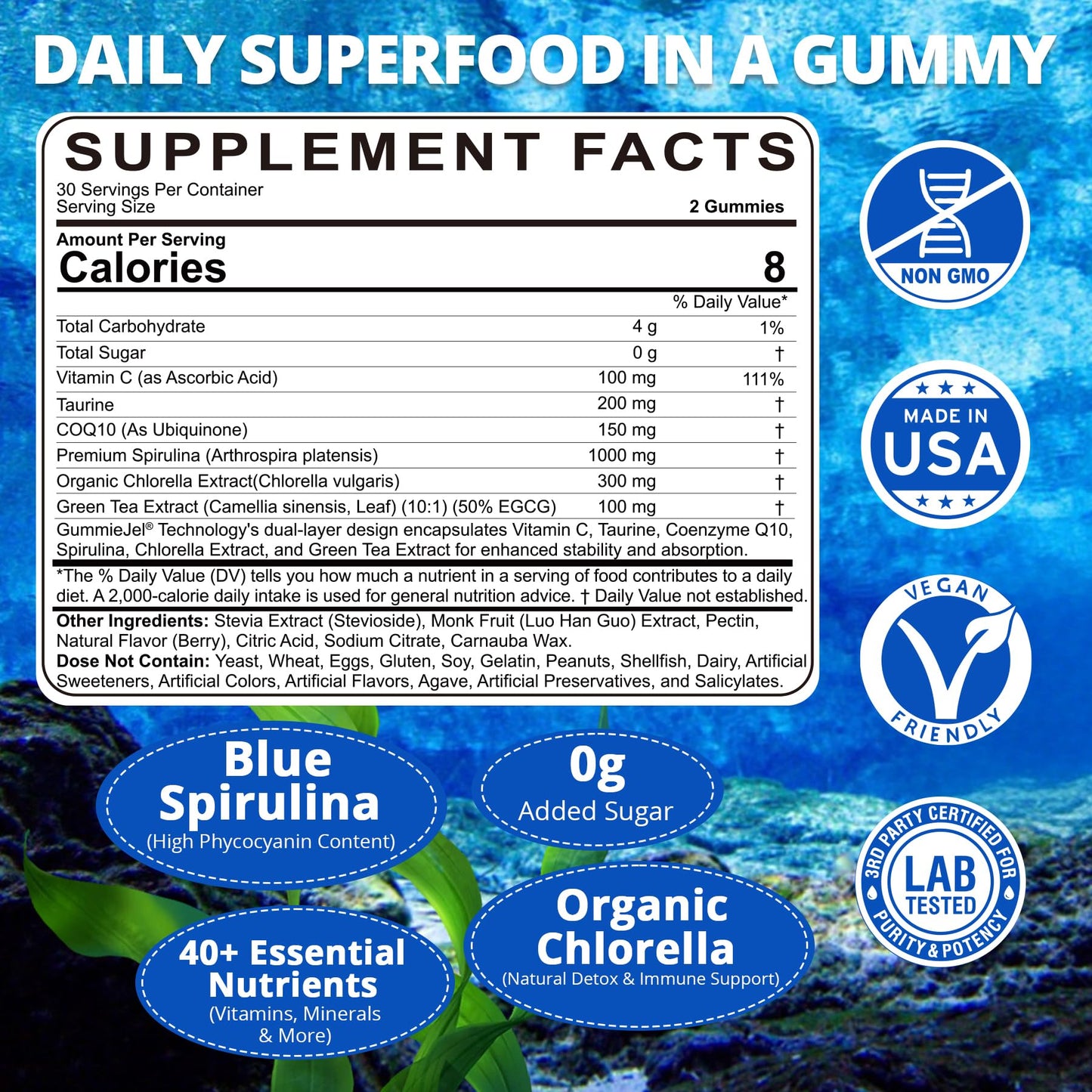 Organic Blue Spirulina Gummies – High Phycocyanin, Chlorella & CoQ10 (60 Ct) – Sugar Free