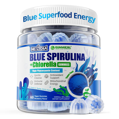 Organic Blue Spirulina Gummies – High Phycocyanin, Chlorella & CoQ10 (60 Ct) – Sugar Free